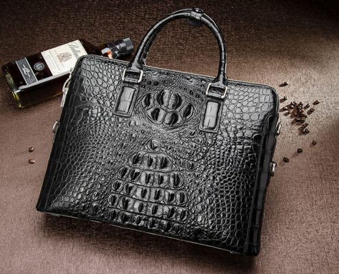 Business Mens Crocodile Leather Briefcase Bag Handbag Laptop Shoulder Bag-Black-Front