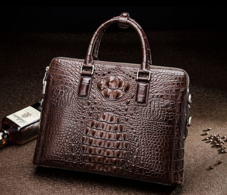 Business Mens Crocodile Leather Briefcase Bag Handbag Laptop Shoulder Bag-Brown-Front