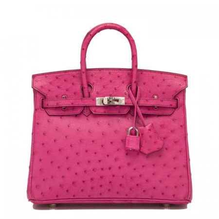 Classic Padlock Genuine Ostrich Skin Top Handle Handbags-Deep Pink