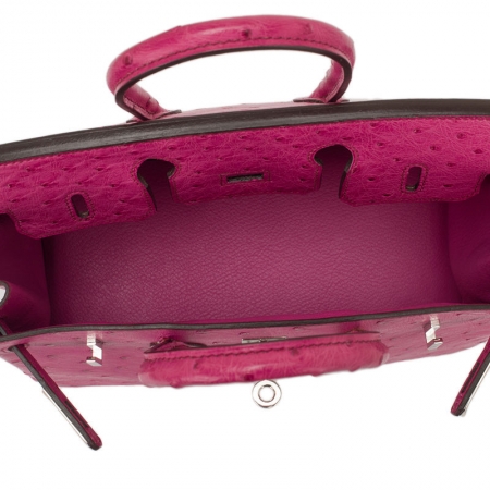 Classic Padlock Genuine Ostrich Skin Top Handle Handbags-Deep Pink-Inside