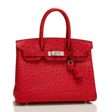 Classic Padlock Genuine Ostrich Skin Top Handle Handbags-Red-Front