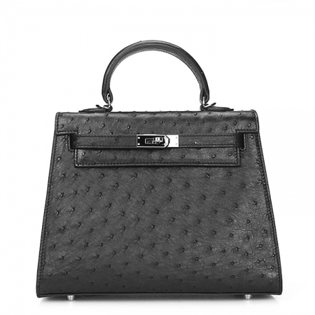 Designer Padlock Ostrich Leather Satchel Purse Crossbody Bag Handbag-Black