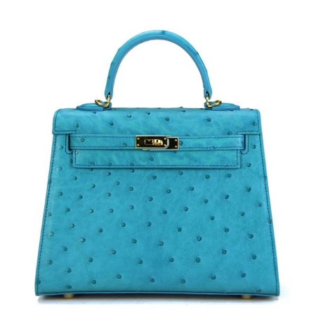 Designer Padlock Ostrich Leather Satchel Purse Crossbody Bag Handbag-Blue