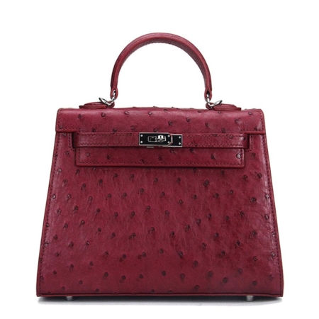 Designer Padlock Ostrich Leather Satchel Purse Crossbody Bag Handbag-Claret