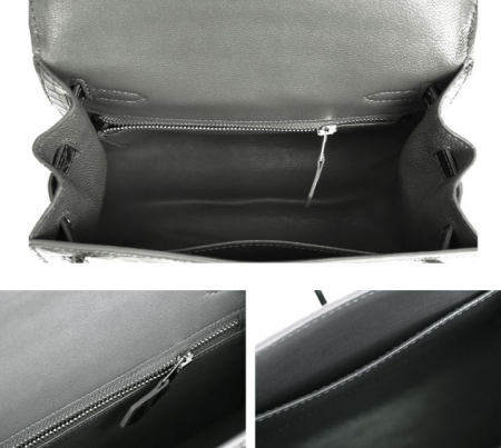 Designer Padlock Ostrich Leather Satchel Purse Crossbody Bag Handbag-Gray-Inside