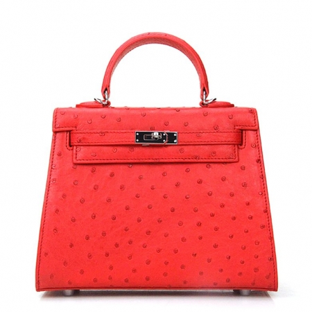 Designer Padlock Ostrich Leather Satchel Purse Crossbody Bag Handbag-Red