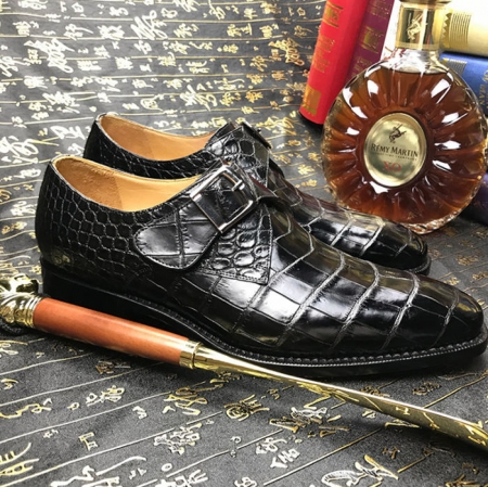 Formal Business Comfortable Alligator Skin Single Monk Strap Shoes For Men-Black-Side