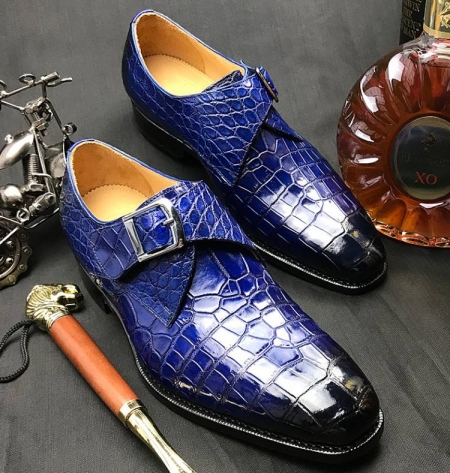 Formal Business Comfortable Alligator Skin Single Monk Strap Shoes For Men-Blue-Display