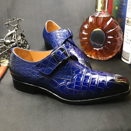Formal Business Comfortable Alligator Skin Single Monk Strap Shoes For Men-Blue-Side