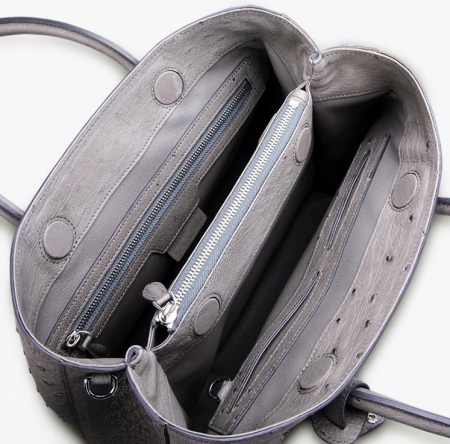 Ostrich Handbag Shoulder Bag Tote Purse-Gray-Inside