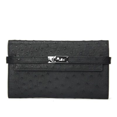 Ostrich Leather Wallet Clutch Purse-Black