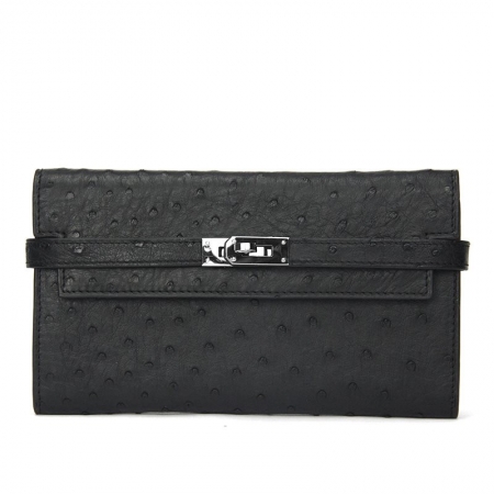 Ostrich Leather Wallet Clutch Purse-Black