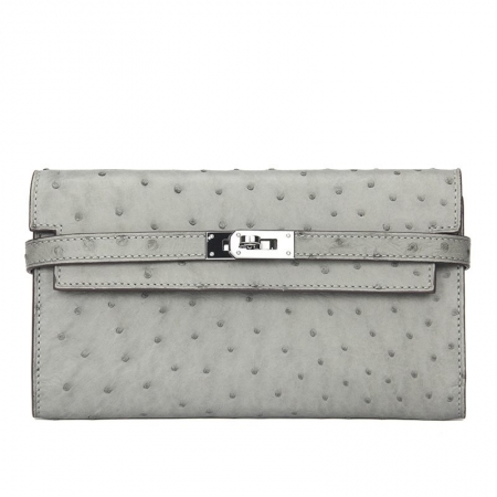 Ostrich Leather Wallet Clutch Purse-Gray