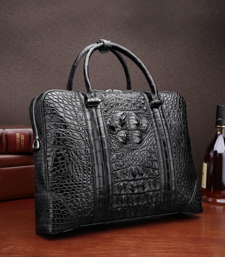 Handmade Classic Crocodile Leather Briefcase Laptop Bag Business Bag-Black-Display