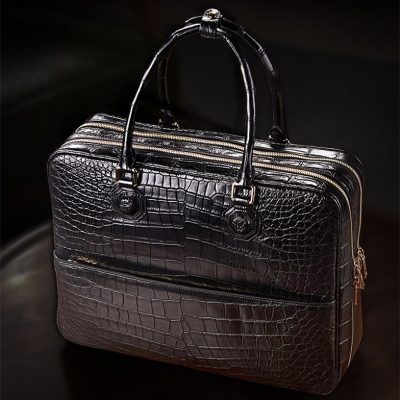 Large Alligator Leather Business Trip Briefcase for Men-Black-Display