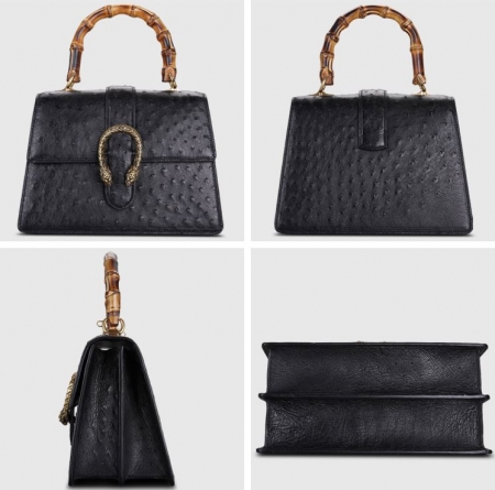 Ostrich Handbag Flapover Cross Body Bag with Bamboo Handle-Black-Display