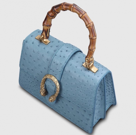 Ostrich Handbag Flapover Cross Body Bag with Bamboo Handle-Handle