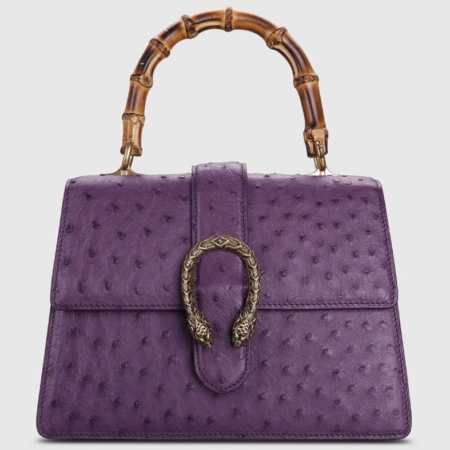 Ostrich Handbag Flapover Cross Body Bag with Bamboo Handle-Purple