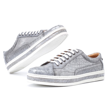 Alligator Leather Lace Up Sneakers for Men-Gray-Display