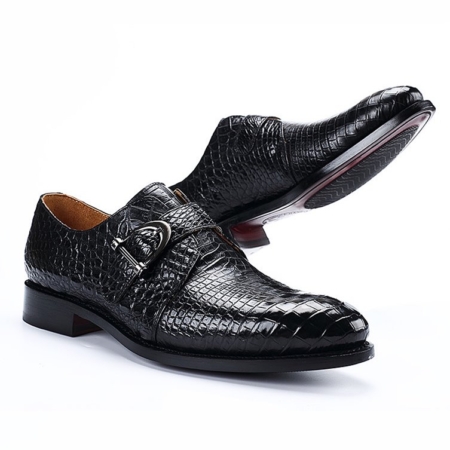 Alligator Leather Single Monk Strap Dress Shoes Oxford Formal Business Shoes-Black-1