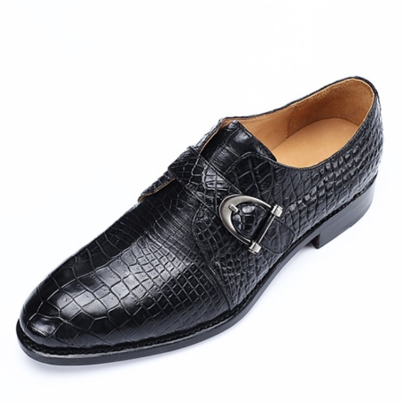 Alligator Leather Single Monk Strap Dress Shoes Oxford Formal Business Shoes-Black