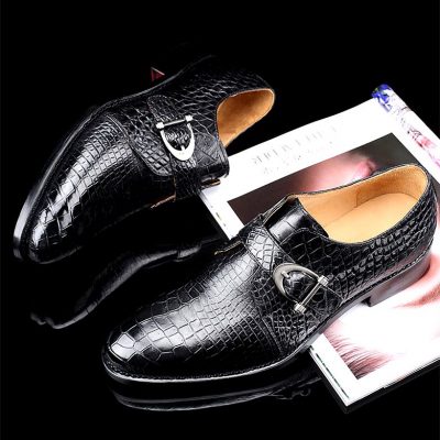 Alligator Leather Single Monk Strap Dress Shoes Oxford Formal Business Shoes-Black-Display