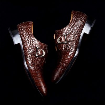 Alligator Leather Single Monk Strap Dress Shoes Oxford Formal Business Shoes-Brown-Display