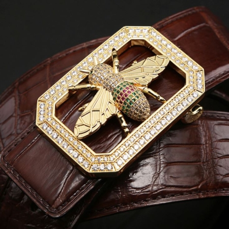 Alligator Skin Belt-Bee Pattern Pin Buckle-Golden