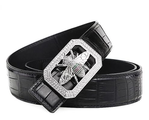 Alligator Skin Belt with Natural Zircons and Bee Pattern Pin Buckle