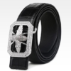 Alligator Skin Belt with Natural Zircons and Bee Pattern Pin Buckle-Black-1