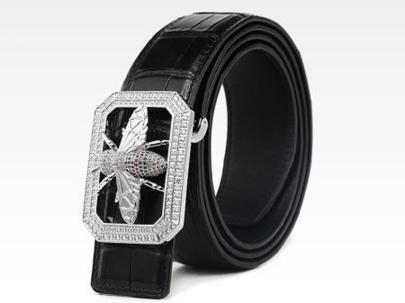 Alligator Skin Belt with Natural Zircons and Bee Pattern Pin Buckle-Black-1