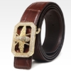 Alligator Skin Belt with Natural Zircons and Bee Pattern Pin Buckle-Brown-1