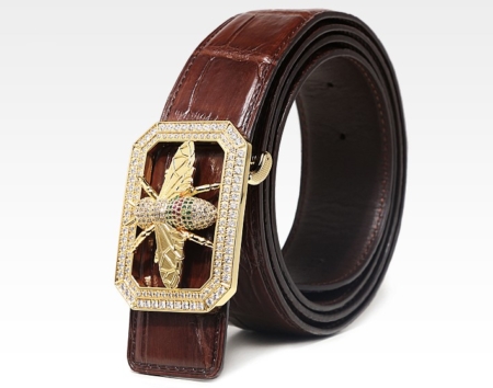 Alligator Skin Belt with Natural Zircons and Bee Pattern Pin Buckle-Brown-1