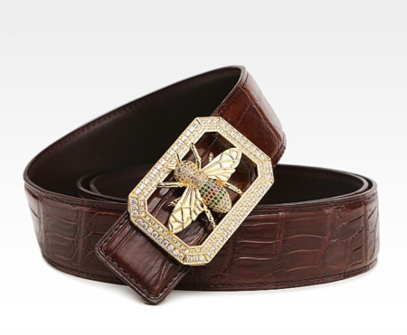 Alligator Skin Belt with Natural Zircons and Bee Pattern Pin Buckle-Brown