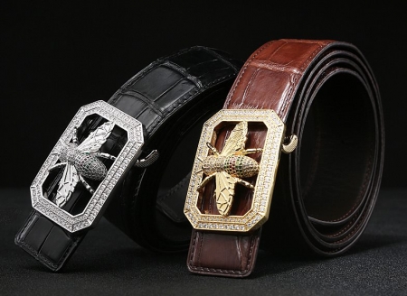 Alligator Skin Belt with Natural Zircons and Bee Pattern Pin Buckle-Display