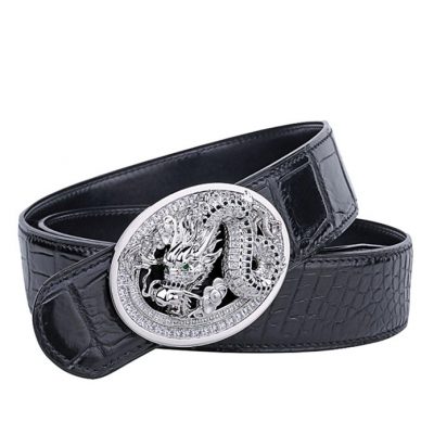 Alligator Skin Belt with Natural Zircons and Dragon Pattern Pin Buckle