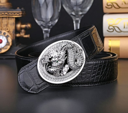 Alligator Skin Belt with Natural Zircons and Dragon Pattern Pin Buckle-Black-Display