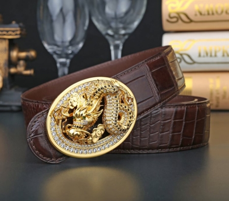 Alligator Skin Belt with Natural Zircons and Dragon Pattern Pin Buckle-Brown-Display