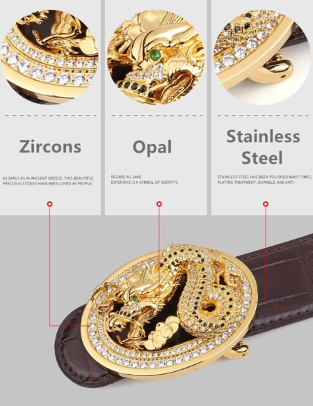 Alligator Skin Belt with Natural Zircons and Dragon Pattern Pin Buckle-Details