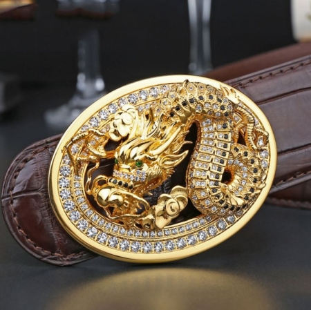 Alligator Skin Belt with Natural Zircons and Dragon Pattern Pin Buckle-Dragon