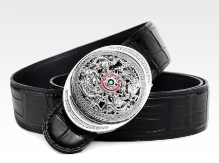 Alligator Skin Belt with Natural Zircons and Fenghuang Pattern Pin Buckle-Black