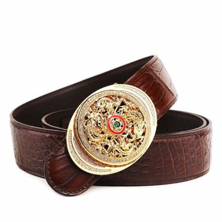 Alligator Skin Belt with Natural Zircons and Fenghuang Pattern Pin Buckle-Brown