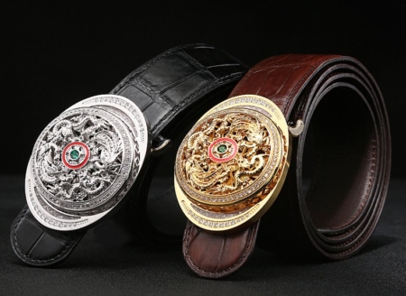 Alligator Skin Belts with Natural Zircons and Fenghuang Pattern Pin Buckle