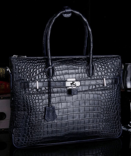 Casual Alligator Leather Padlock Briefcase Shoulder Cross-body Laptop Business Bag-Blue-Display