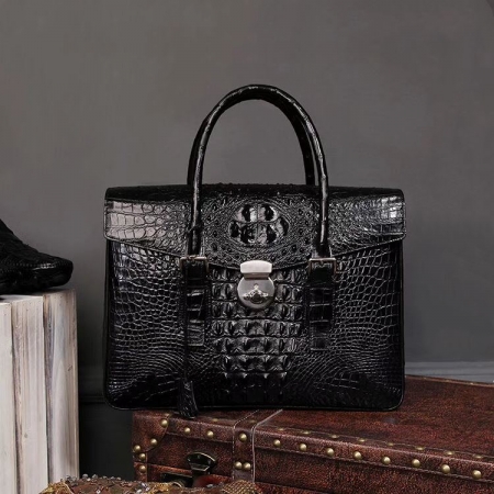 Crocodile Leather Briefcase Messenger Bag with Lock-Black