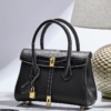 Crocodile Leather Padlock Shoulder Handbag Tote Top Handle Handbag-Black
