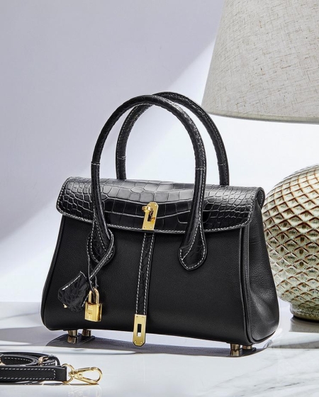 Crocodile Leather Padlock Shoulder Handbag Tote Top Handle Handbag-Black