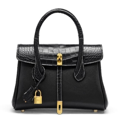 Crocodile Padlock Shoulder Handbag Tote Top Handle Handbag-Black