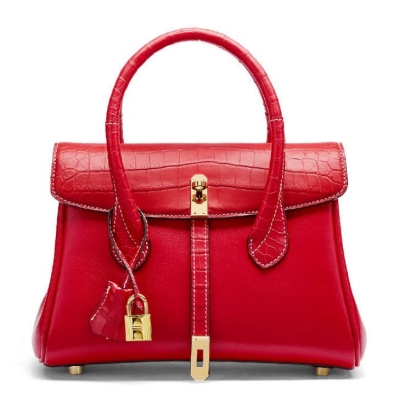 Crocodile Padlock Shoulder Handbag Tote Top Handle Handbag-Red