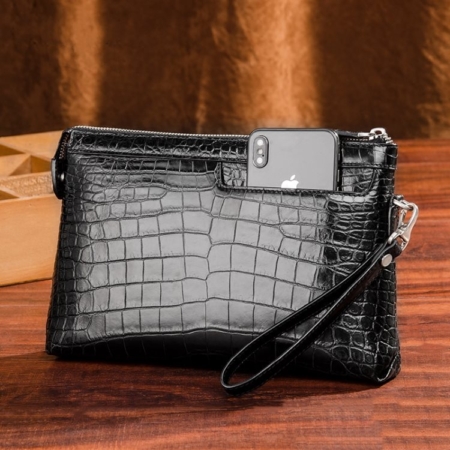 Designer Alligator Leather Large Wallet With Strap Wristlet Clutch Bag for Men-Black-Display